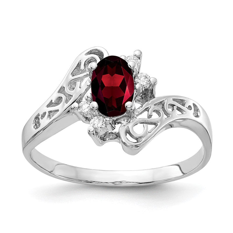 14-Karat-Weißgold-Ring mit ovalem 6x4-mm-Granat im Schachbrettschliff und einem echten Diamanten