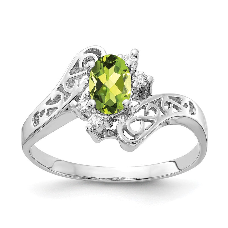 14K Weißgold Ring mit ovalem Peridot im Schachbrettschliff (6x4 mm, AA) und echten Diamanten