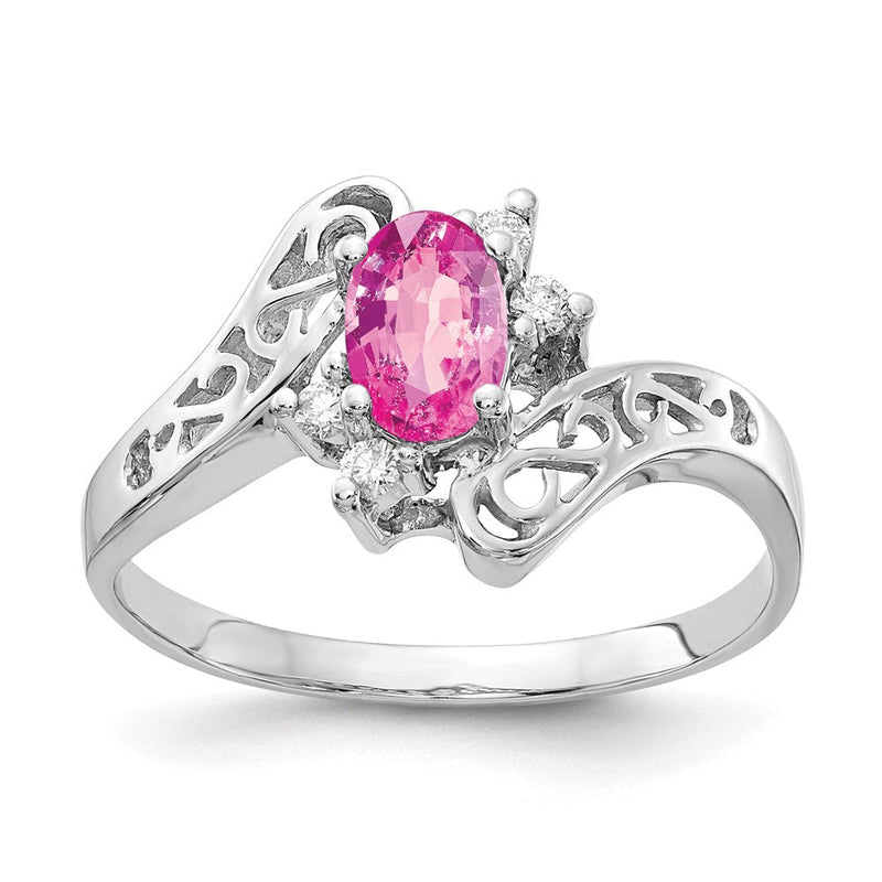 14K Weißgold Ring mit 6x4 mm ovalem rosa Saphir AAA und echten Diamanten
