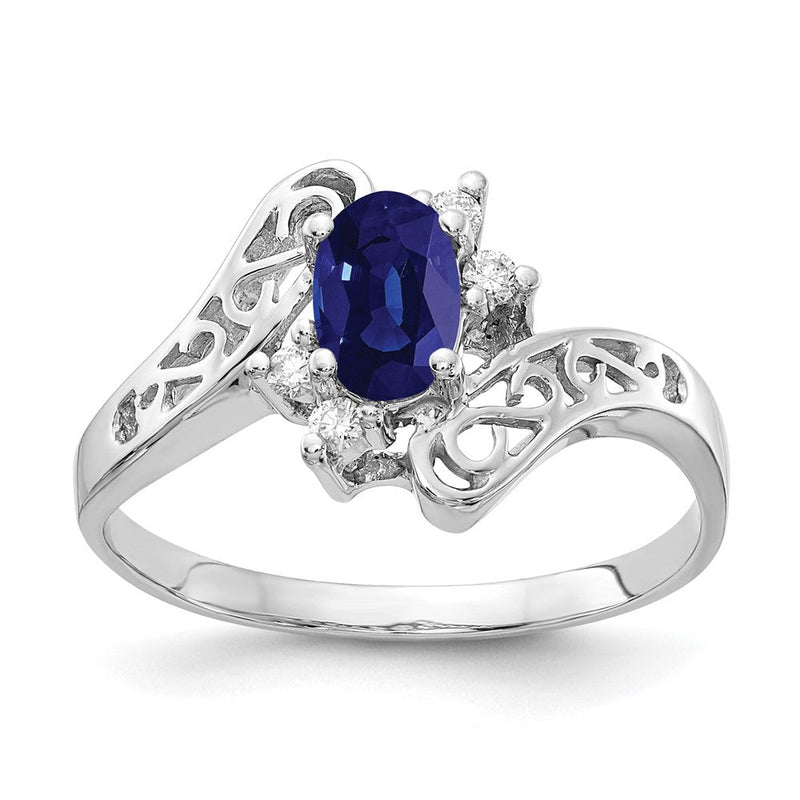 14K Weißgold Ring mit 6x4 mm ovalem Saphir und echtem Diamanten
