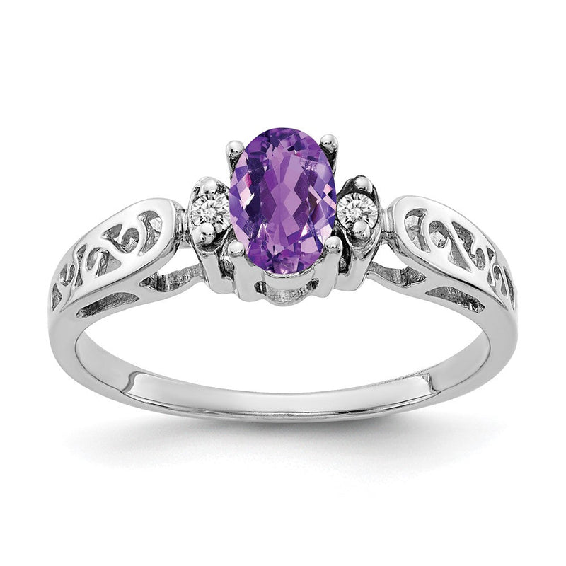Ring aus 14K Weißgold mit ovalem Amethyst AAA 6x4 mm und echten Diamanten
