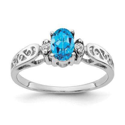 14K Weißgold 6x4mm Oval Blautopas A Echt Diamant Ring