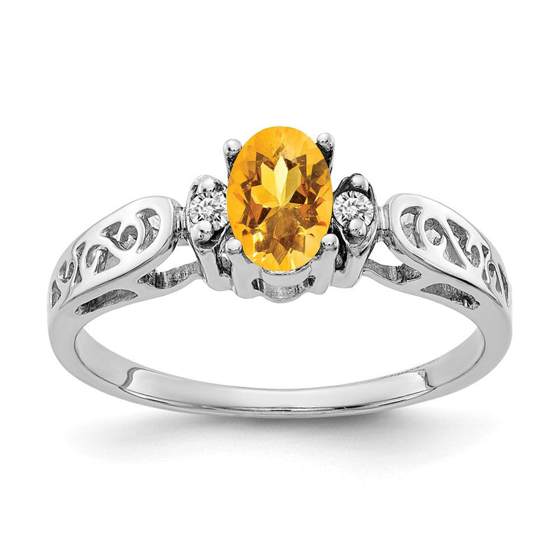 14K Weißgold Ring mit ovalem Citrin (6 x 4 mm), Farbe A, und echten Diamanten
