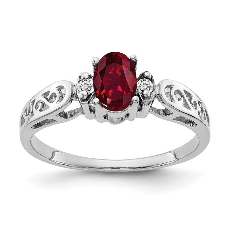 14K Weißgold Ring mit 6x4 mm ovalem synthetischem Rubin AA und echten Diamanten