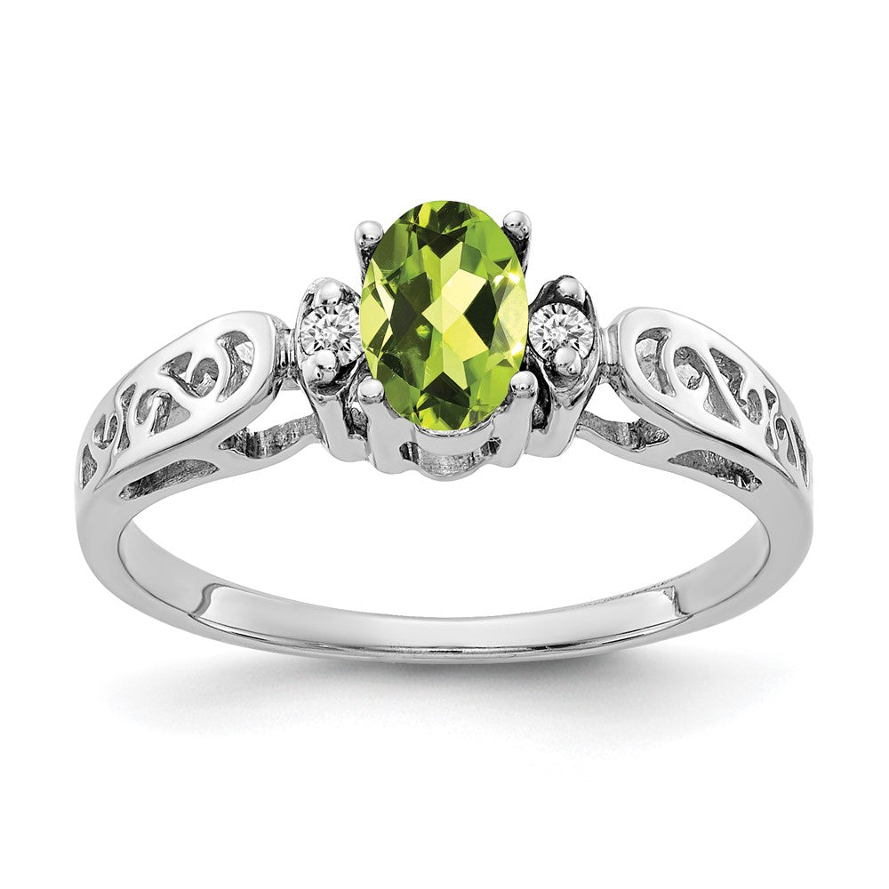 14K Weißgold 6x4mm Oval Peridot A Echt Diamant Ring
