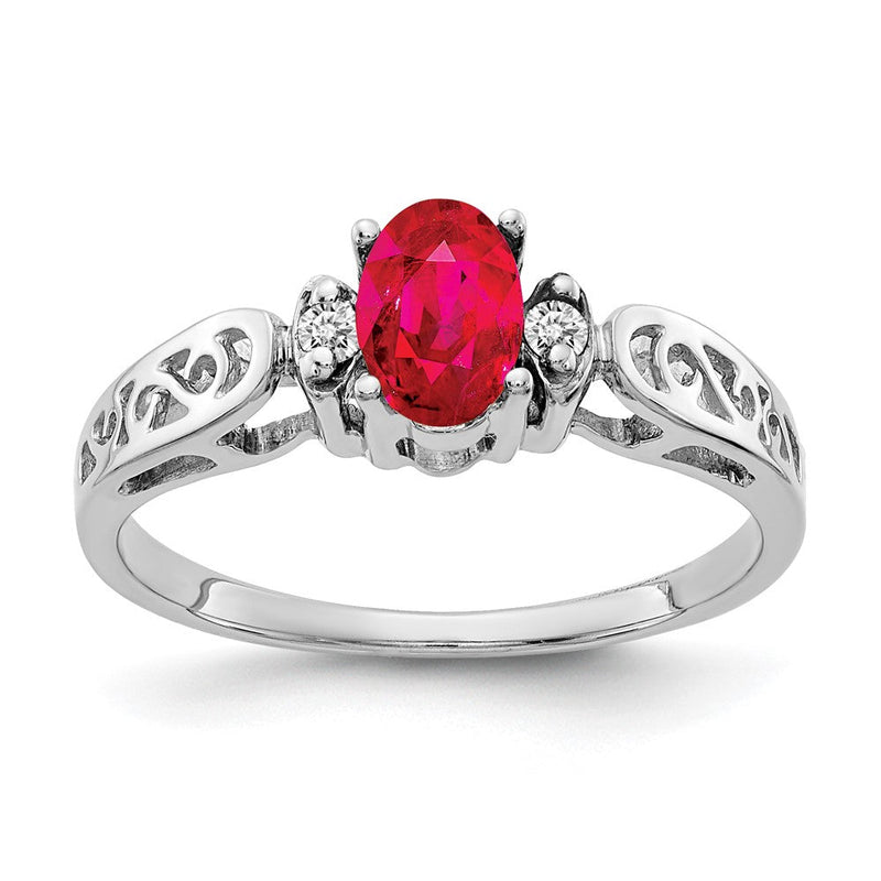 14K Weißgold Ring mit 6x4 mm ovalem Rubin VS und echten Diamanten