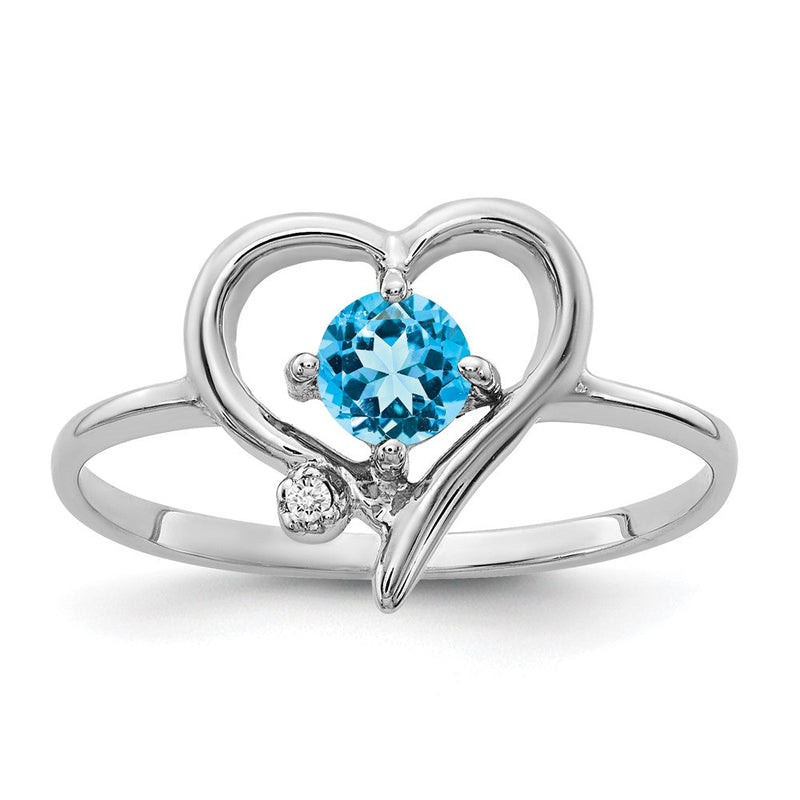 14K Weißgold Ring mit 4 mm Blautopas und echtem Diamant