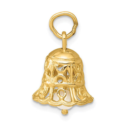 14k Gelbgold 3D-Hochzeitsglocken-Charm mit Süßwasser-Zuchtperle
