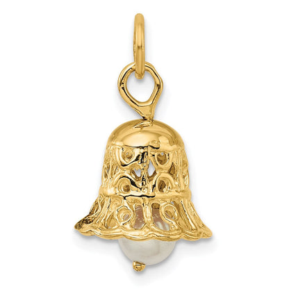 14k Gelbgold 3D-Hochzeitsglocken-Charm mit Süßwasser-Zuchtperle