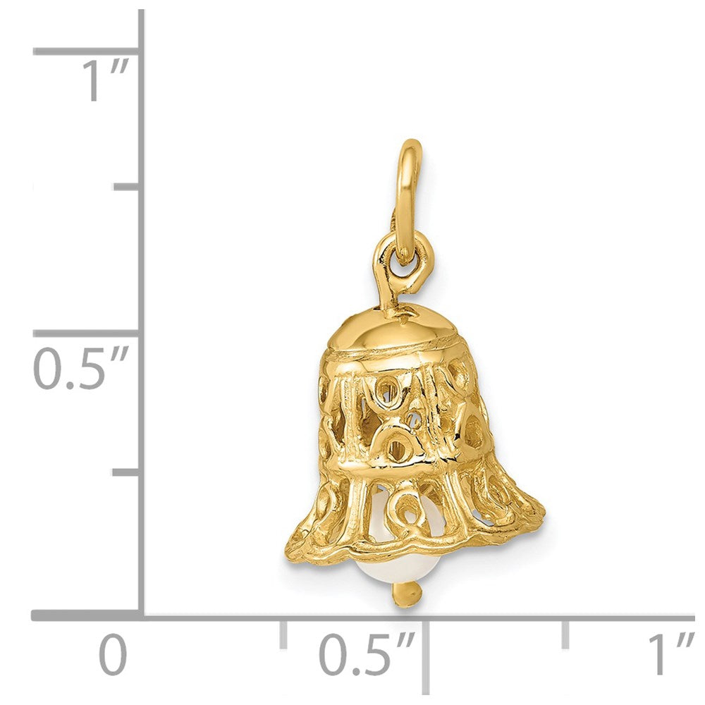 14k Gelbgold 3D-Hochzeitsglocken-Charm mit Süßwasser-Zuchtperle