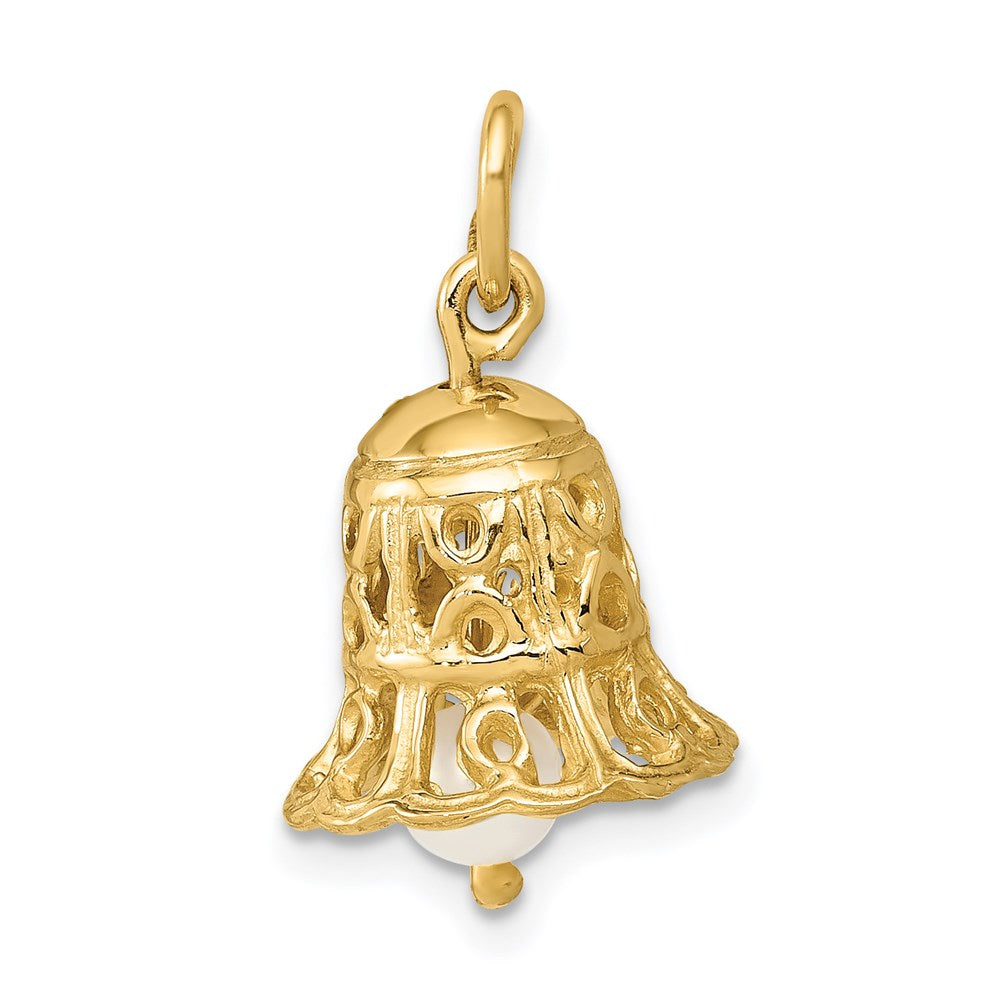 14k Gelbgold 3D-Hochzeitsglocken-Charm mit Süßwasser-Zuchtperle