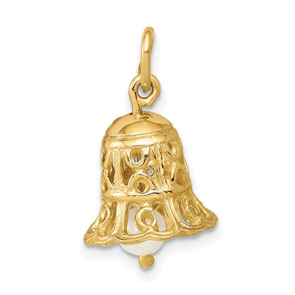 14k Gelbgold 3D-Hochzeitsglocken-Charm mit Süßwasser-Zuchtperle