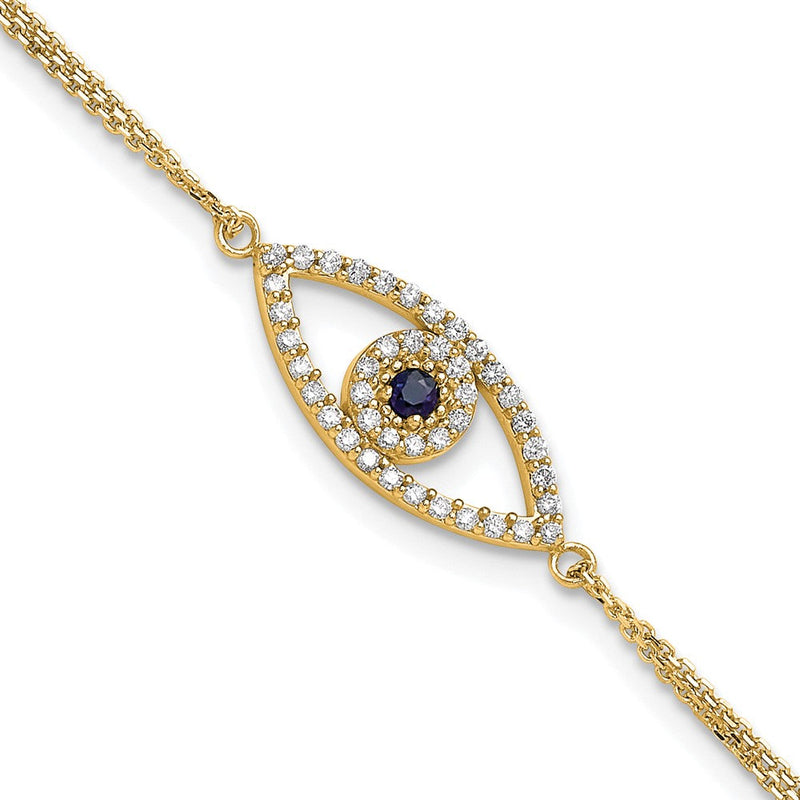 14K Gelbgold Komplett A Diamant und Saphir Böse Auge 2 Strang 7 Zoll Armband mit 1 Verlängerung