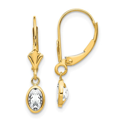 14K Ohrhänger mit ovalem Weißtopas (April-Geburtsstein), 6x4 mm, Zargenfassung, mit Leverback-Verschluss