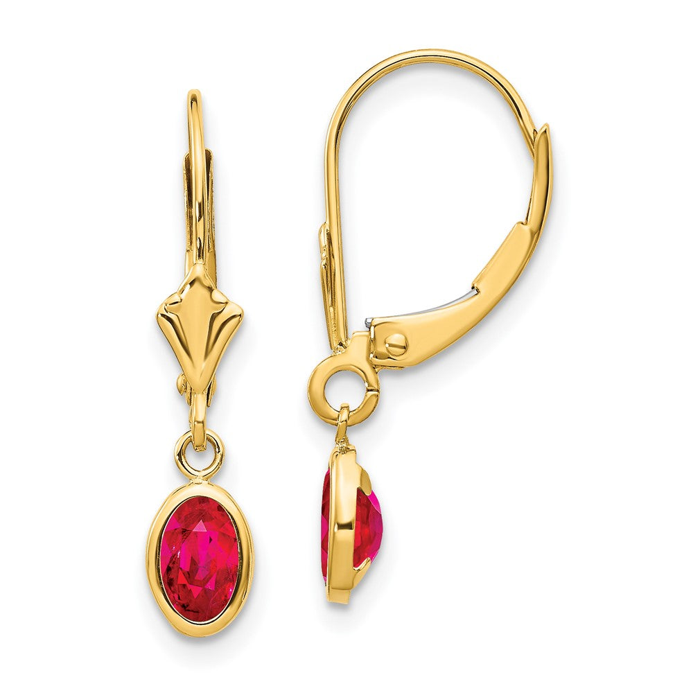 14K Ohrhänger mit Cabochon-Fassung, oval, 6x4 mm, Juli/Rubin, mit Leverback-Verschluss