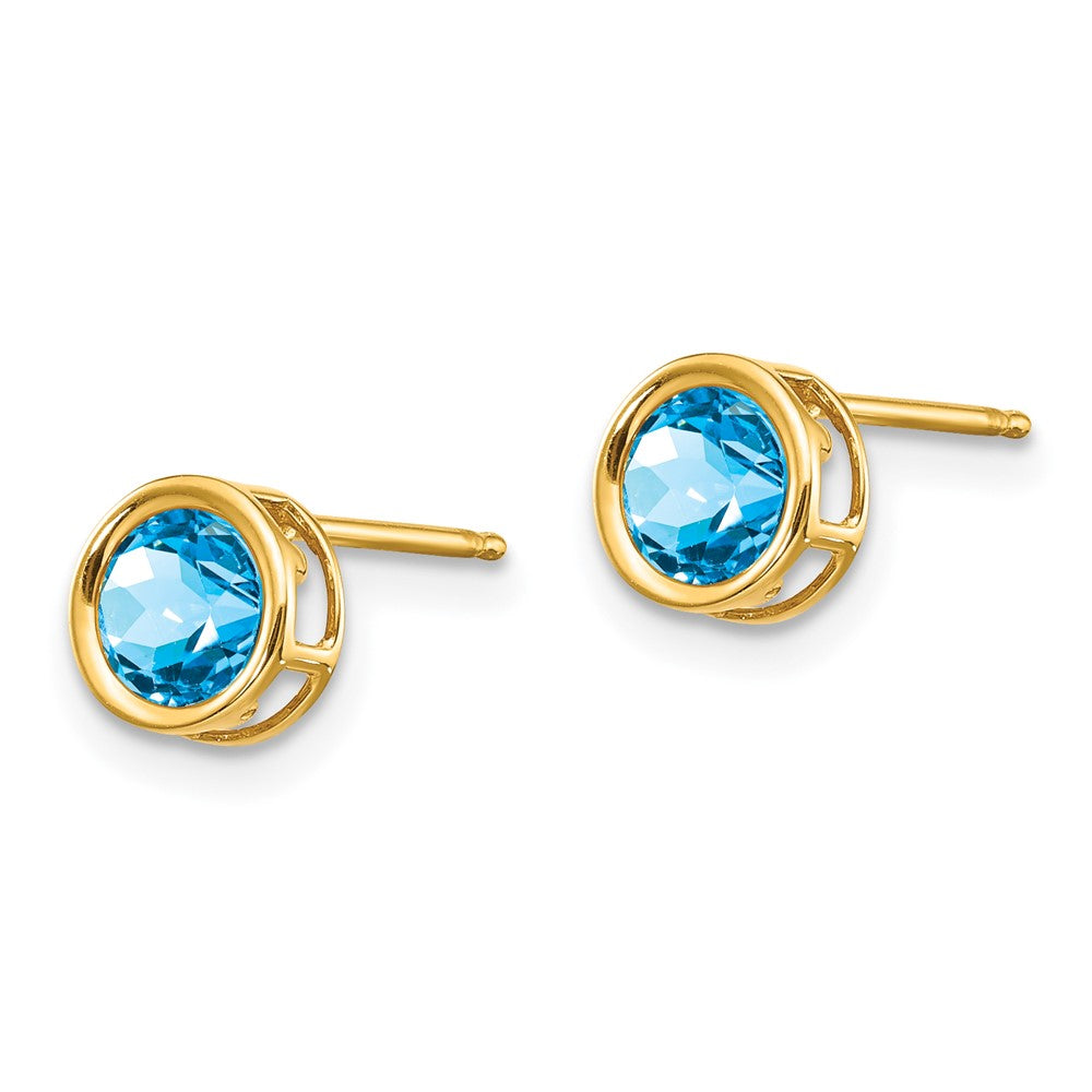 14K Gelbgold 5mm Blautopas Zargenfassung Set Ohrstecker