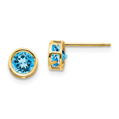 14K Gelbgold 5mm Blautopas Zargenfassung Set Ohrstecker