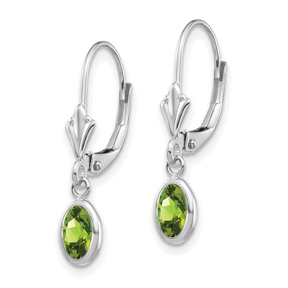 14K Weißgold Ohrhänger mit ovalem Peridot (6x4 mm), Fassung Zargenfassung, August-Geburtsstein, Leverback-Verschluss