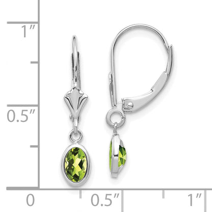 14K Weißgold Ohrhänger mit ovalem Peridot (6x4 mm), Fassung Zargenfassung, August-Geburtsstein, Leverback-Verschluss