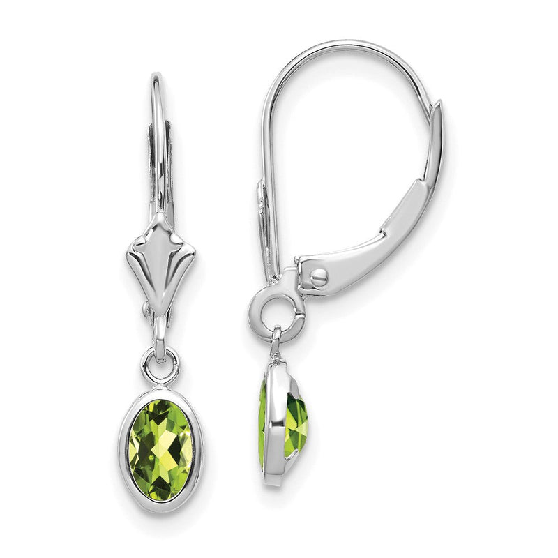 14K Weißgold Ohrhänger mit ovalem Peridot (6x4 mm), Fassung Zargenfassung, August-Geburtsstein, Leverback-Verschluss