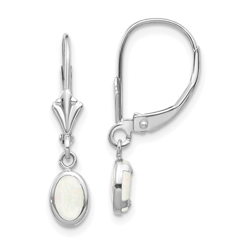 14K Weißgold Ohrhänger mit ovaler Fassung 6x4 mm, Opal (Oktober-Geburtsstein), Leverback-Verschluss