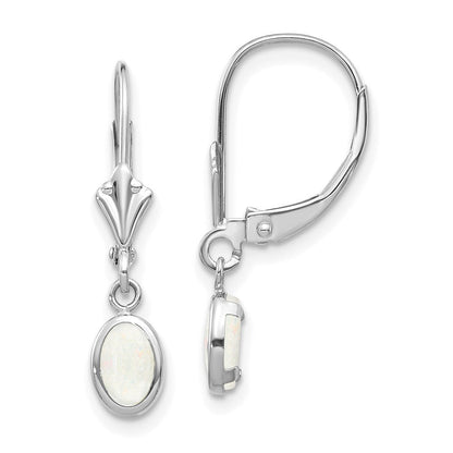 14K Weißgold Ohrhänger mit ovaler Fassung 6x4 mm, Opal (Oktober-Geburtsstein), Leverback-Verschluss