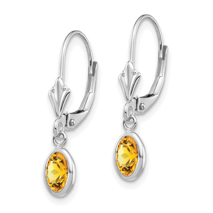 14K Weißgold Ohrhänger mit Leversystem, oval, Bezel-Fassung, 6x4 mm, Citrin (November)