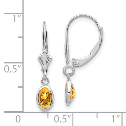 14K Weißgold Ohrhänger mit Leversystem, oval, Bezel-Fassung, 6x4 mm, Citrin (November)
