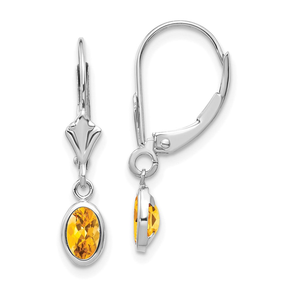 14K Weißgold Ohrhänger mit Leversystem, oval, Bezel-Fassung, 6x4 mm, Citrin (November)