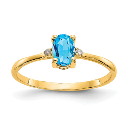 14K Gelbgold Ring mit echtem Diamant und blauem Topas-Geburtsstein