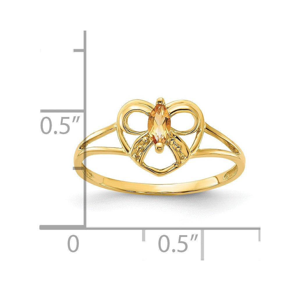 14K Gelbgold Citrin Geburtsstein Schleife Herz Ring