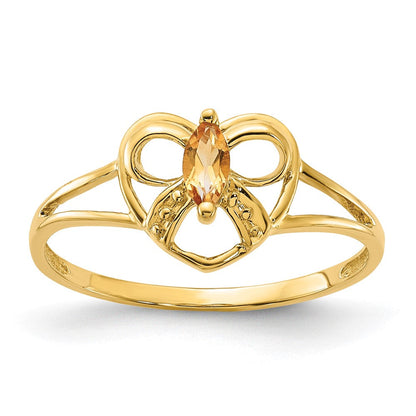14K Gelbgold Citrin Geburtsstein Schleife Herz Ring