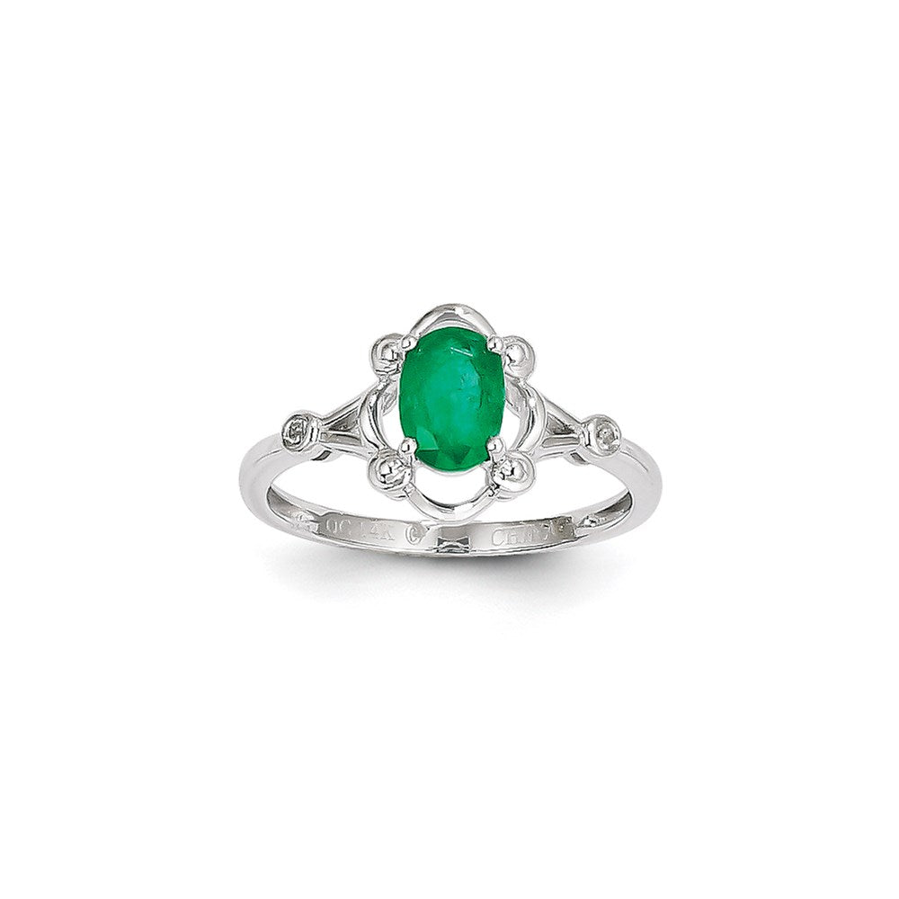 14K Weißgold Ring mit Smaragd und Diamant