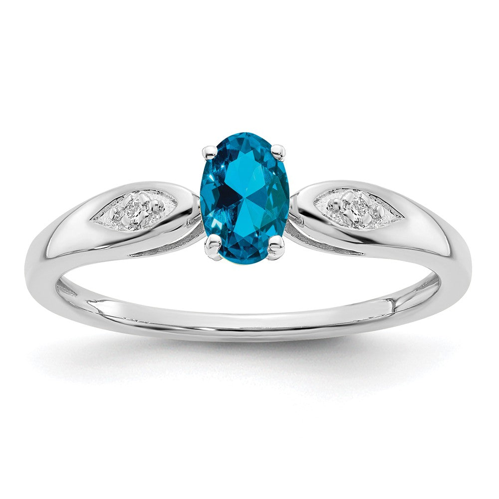 14K Weißgold Ring mit Blautopas und echtem Diamant
