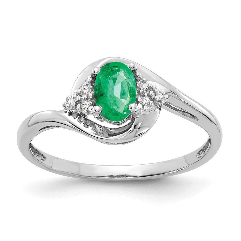 14K Weißgold Ring mit Smaragd und echtem Diamant