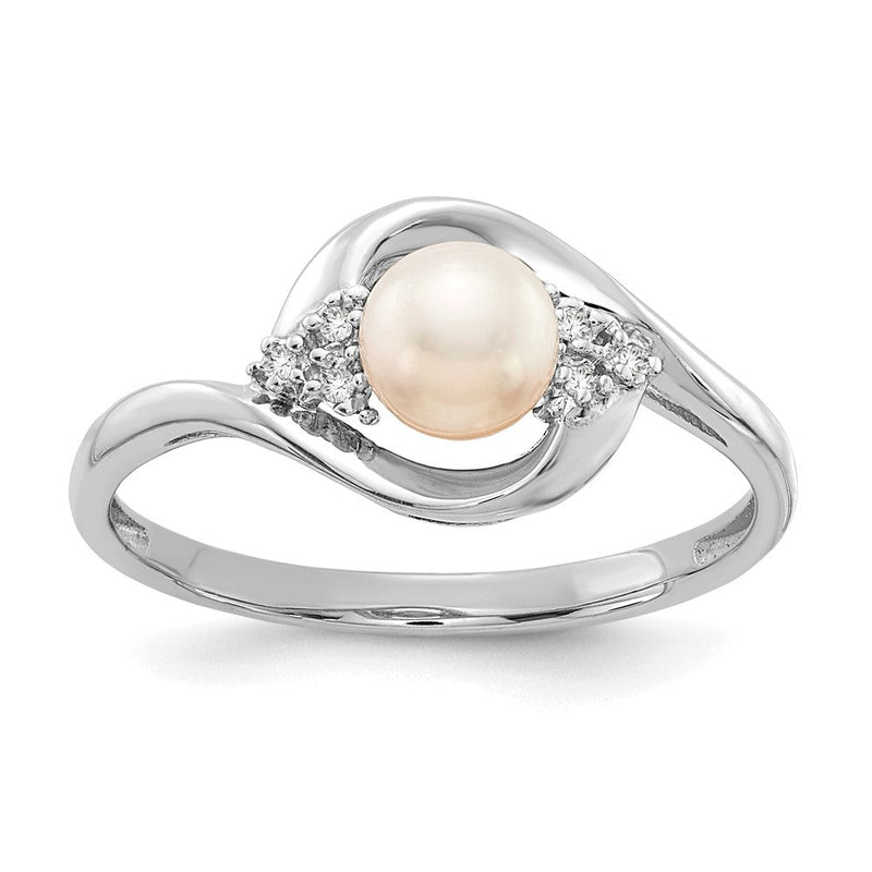 14K Weißgold Ring mit Süßwasser-Zuchtperle und echten Diamanten