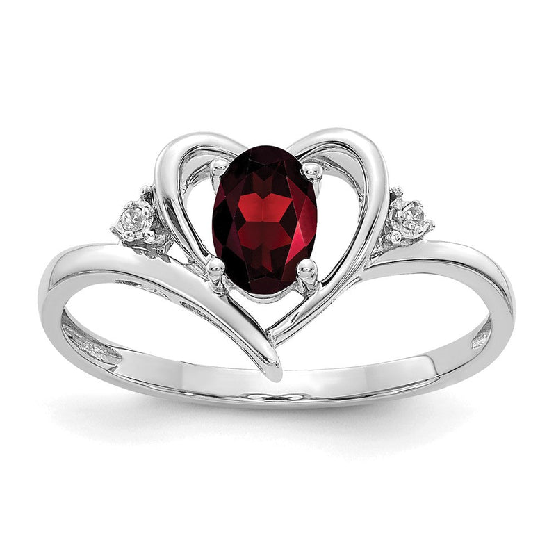 14K Weißgold Ring mit Granat und Diamanten in Herzform