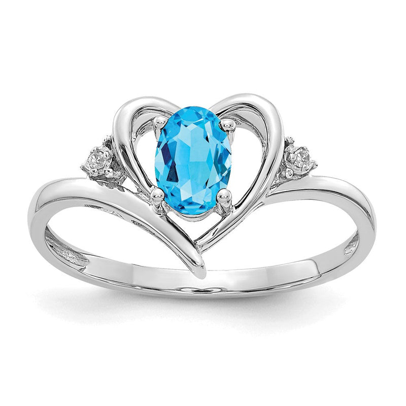 14K Weißgold Ring mit Herz, blauem Topas und echten Diamanten