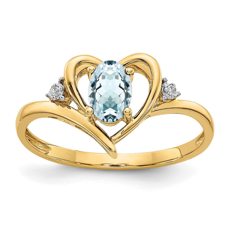 14-Karat-Gelbgold-Ring mit Aquamarin und echten Diamanten in Herzform