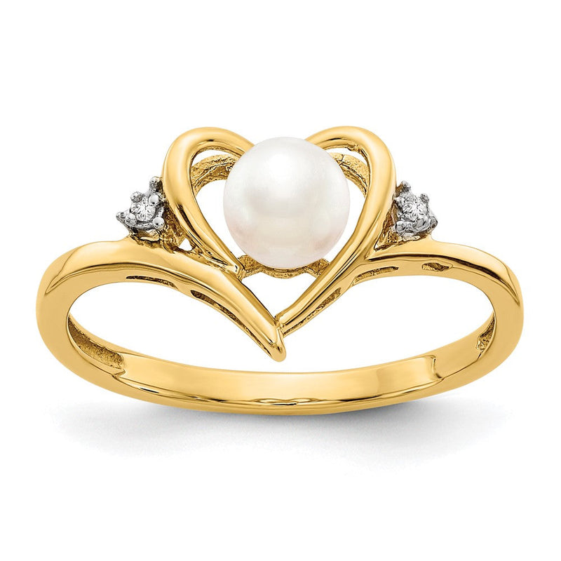 14K Gelbgold Ring mit Süßwasser-Zuchtperle und echten Diamanten in Herzform
