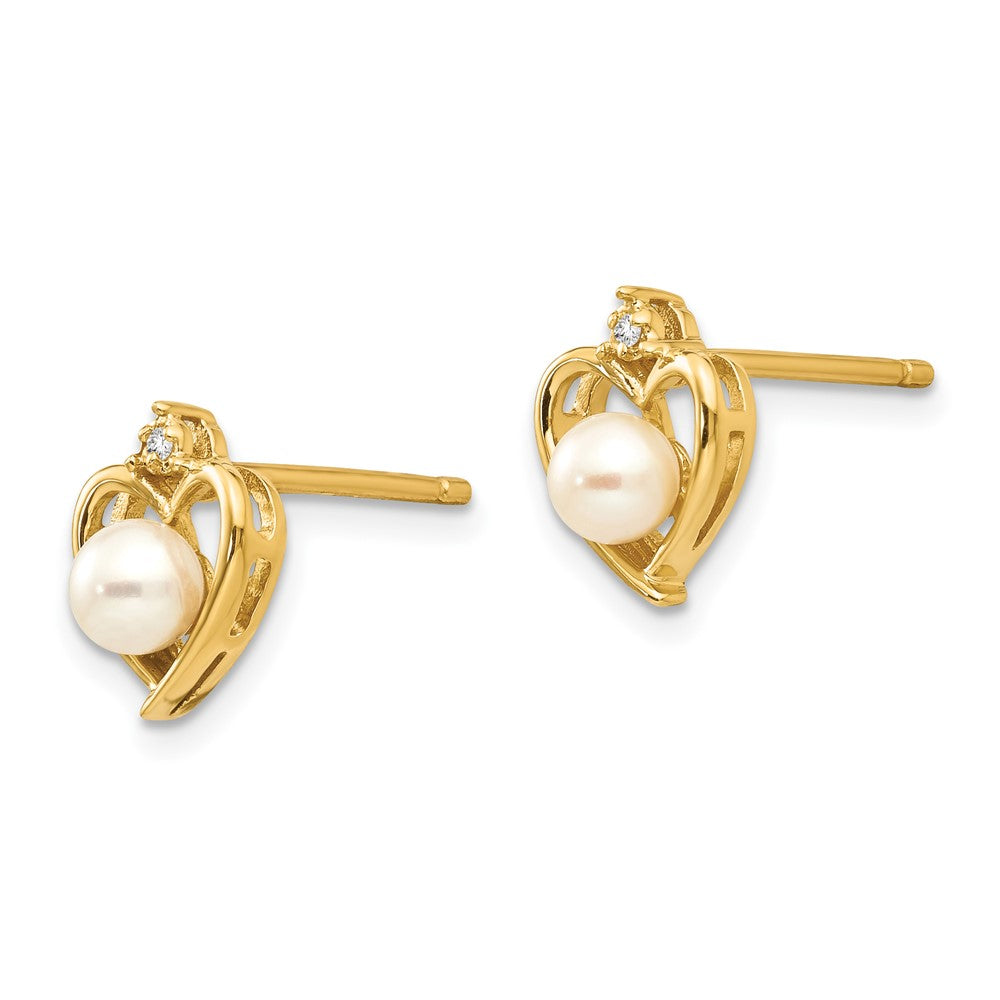 14K Gelbgold Fw Zuchtperle und Diamant Herz Ohrringe