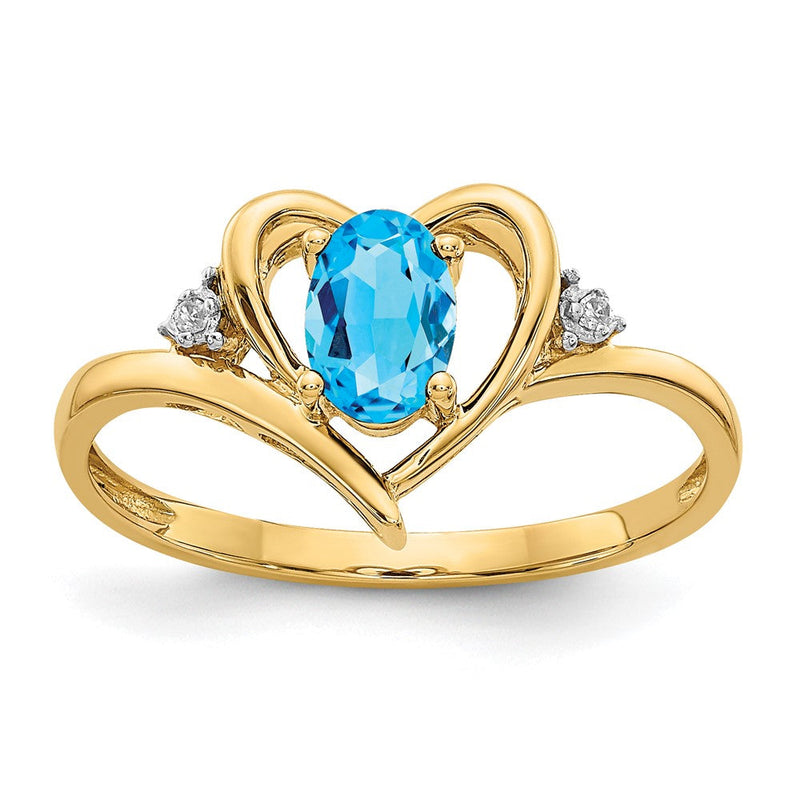 14K Gelbgold Ring mit blauem Topas und echten Diamanten in Herzform