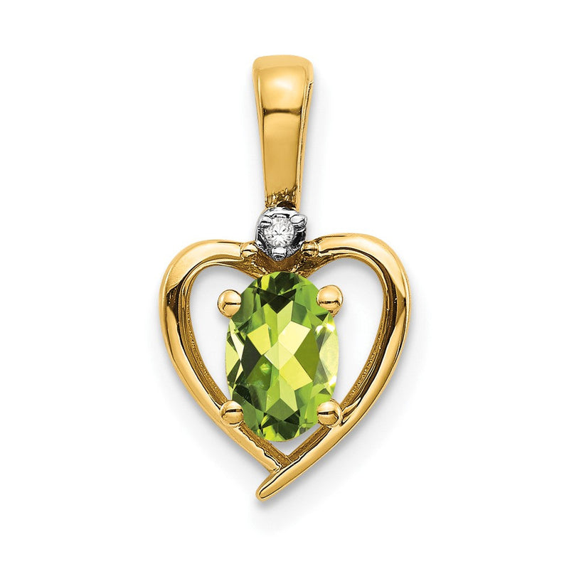 Herz-Anhänger mit natürlichem Diamant und ovalem Peridot aus massivem 14K Gelbgold