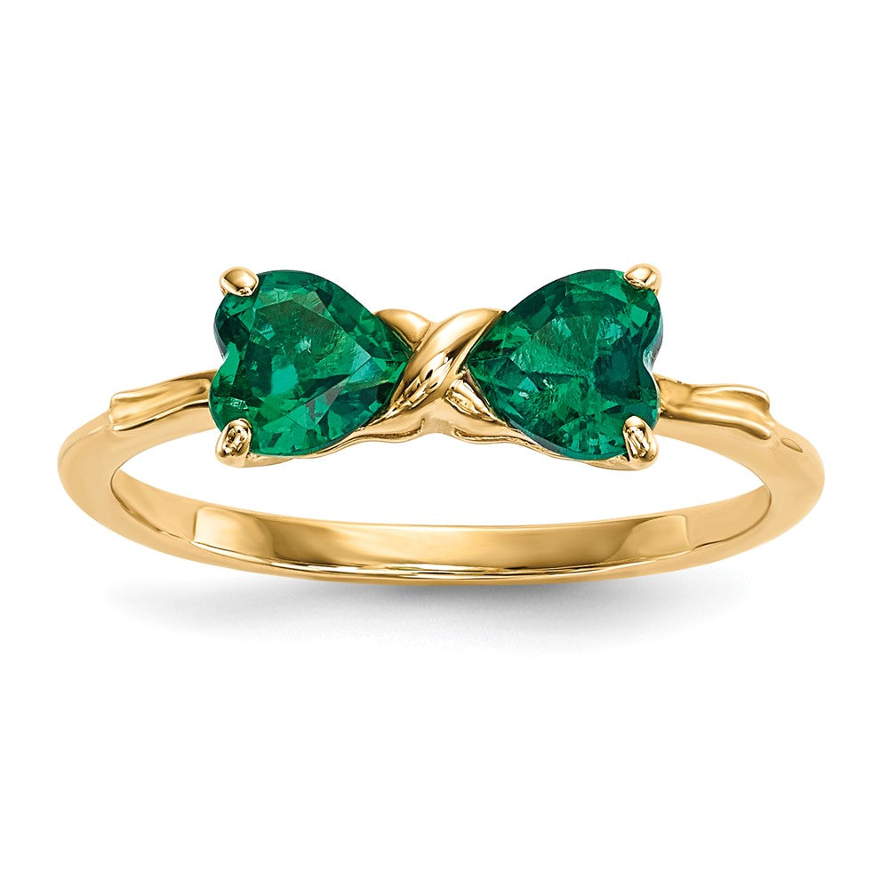 14K Gold Polierter Ring mit synthetischem Smaragd in Schleifenform