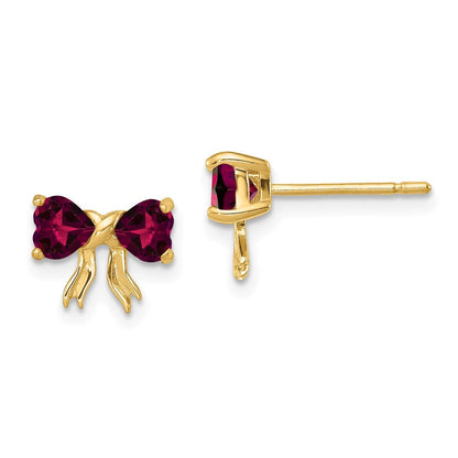 14K Gold Polierte Ohrstecker mit synthetischem Rubin und Schleifen-Motiv