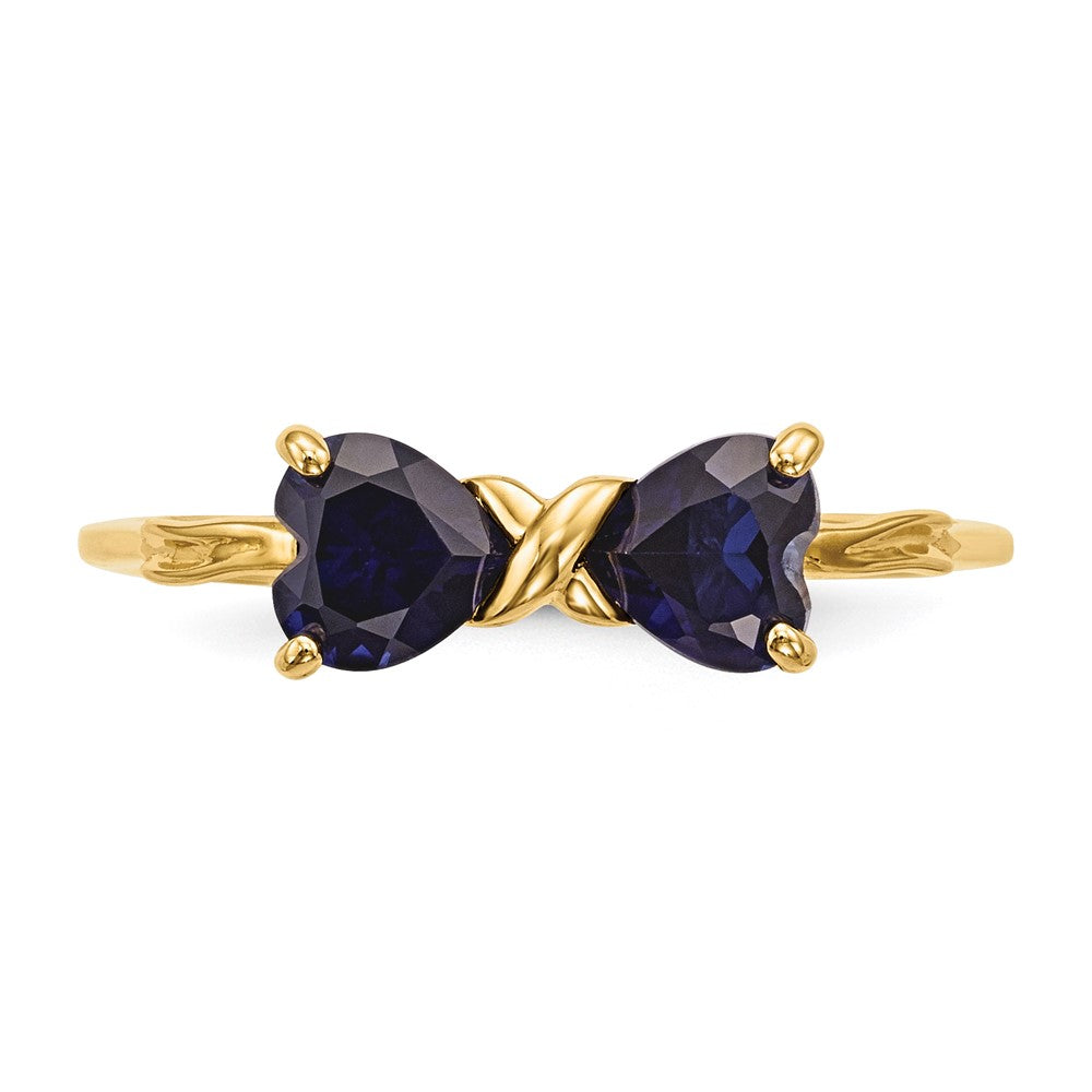 14K Gold Polierter Ring mit synthetischem Saphir und Schleifen-Design