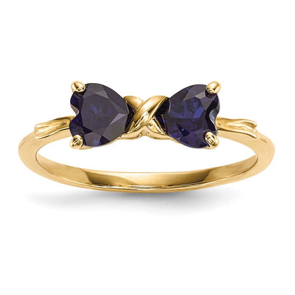14K Gold Polierter Ring mit synthetischem Saphir und Schleifen-Design