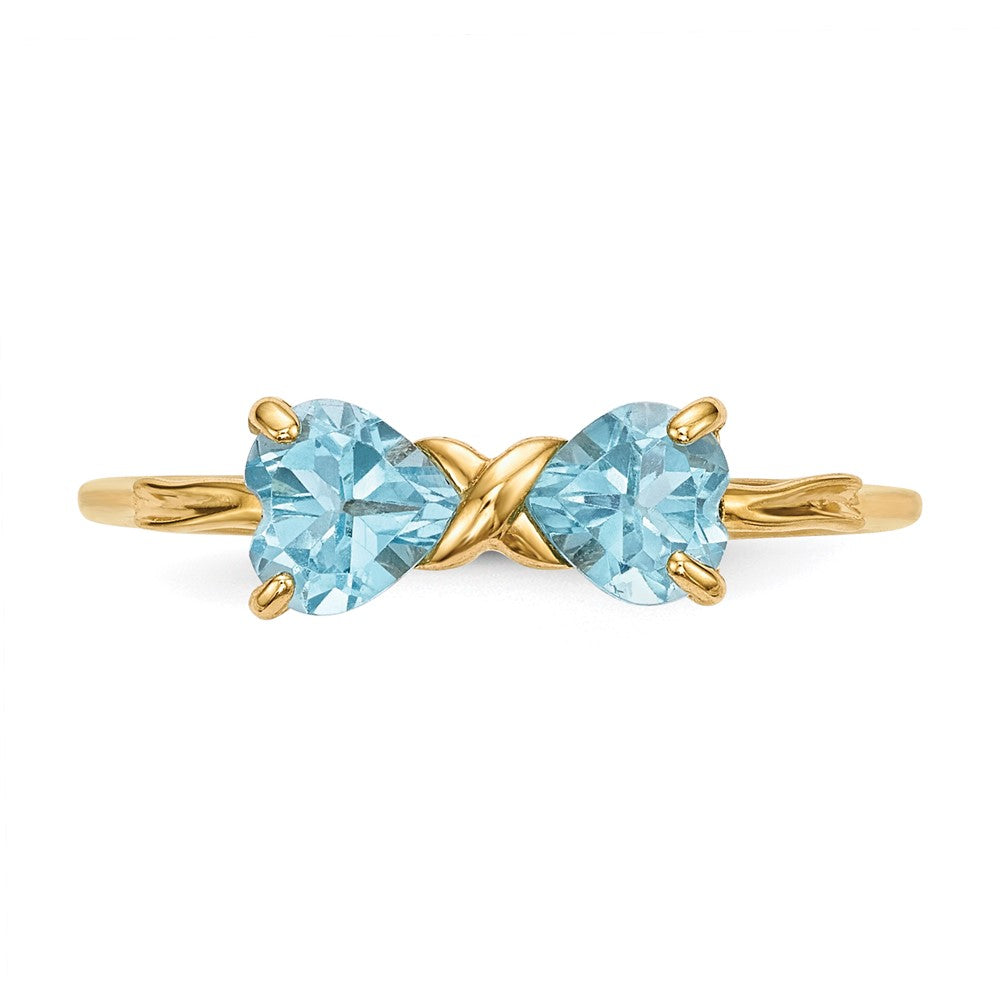 Massiver Ring aus 14K Gelbgold mit poliertem hellblauen simulierten Schweizer Blautopas in Schleifen-Design