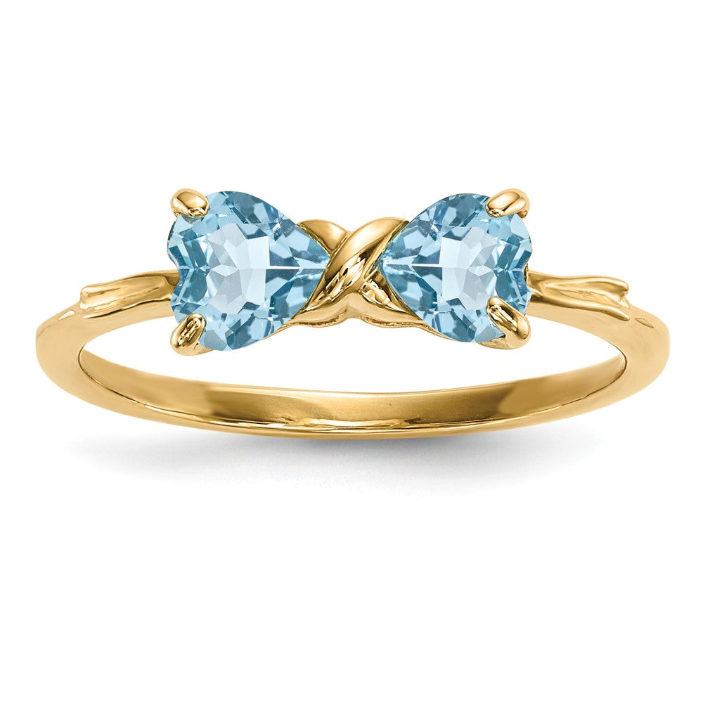 Massiver Ring aus 14K Gelbgold mit poliertem hellblauen simulierten Schweizer Blautopas in Schleifen-Design