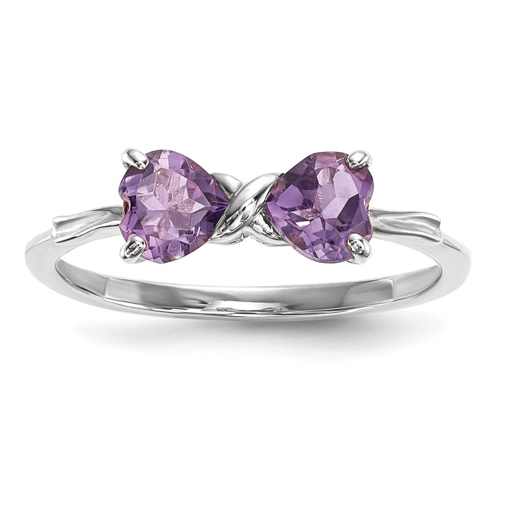 Massiv 14K Weißgold Poliert Synthetisch Amethyst Schleife Ring
